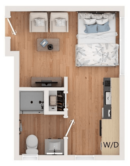 A top-down view of a small bedroom with a bed, nightstand, and a toilet.